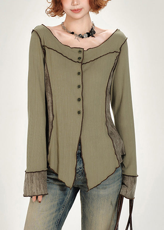 Top en coton patchwork vert français à col bateau et boutons, automne - TrendAura