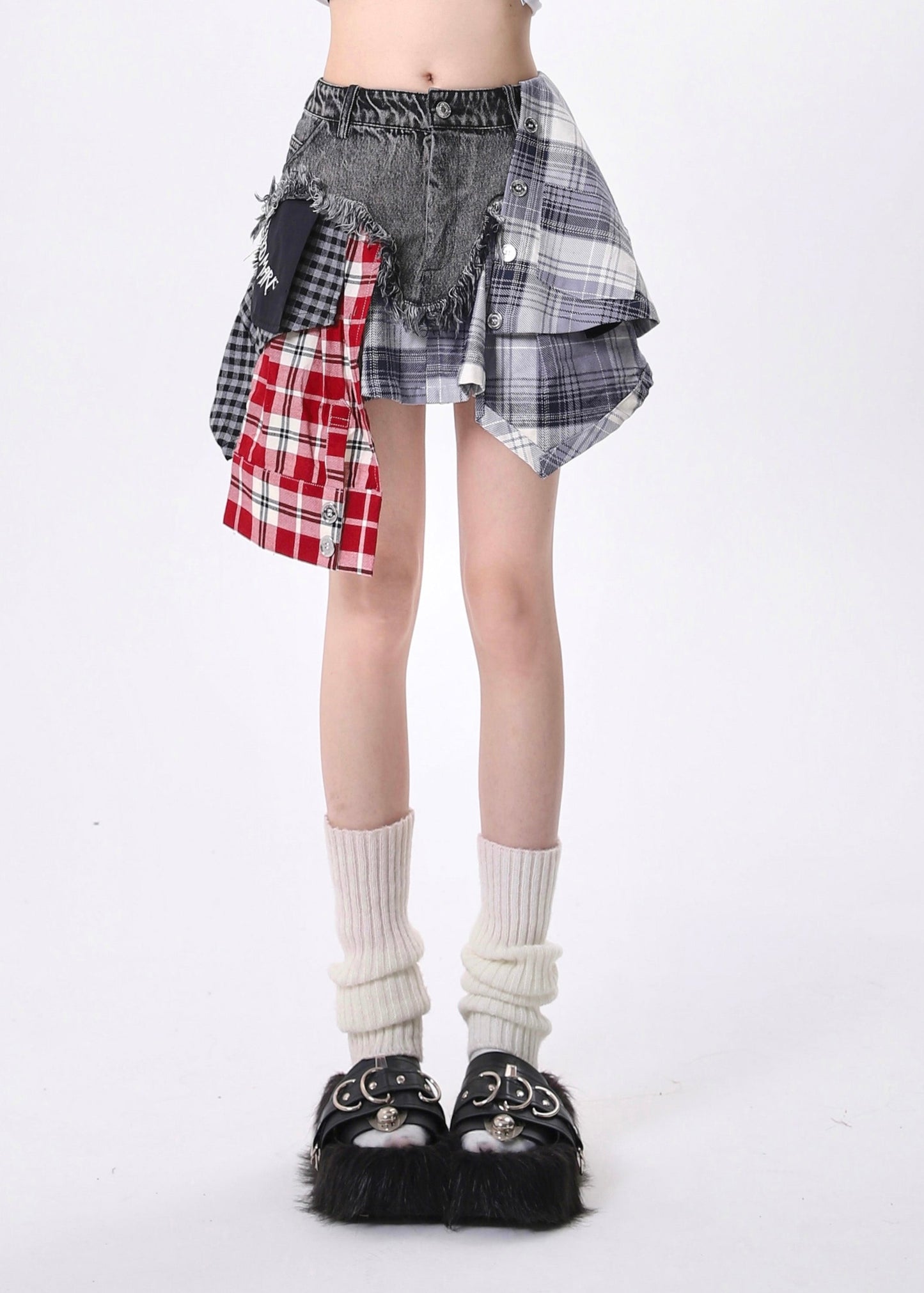 Jupe courte en jean patchwork asymétrique gris français pour l'été - TrendAura