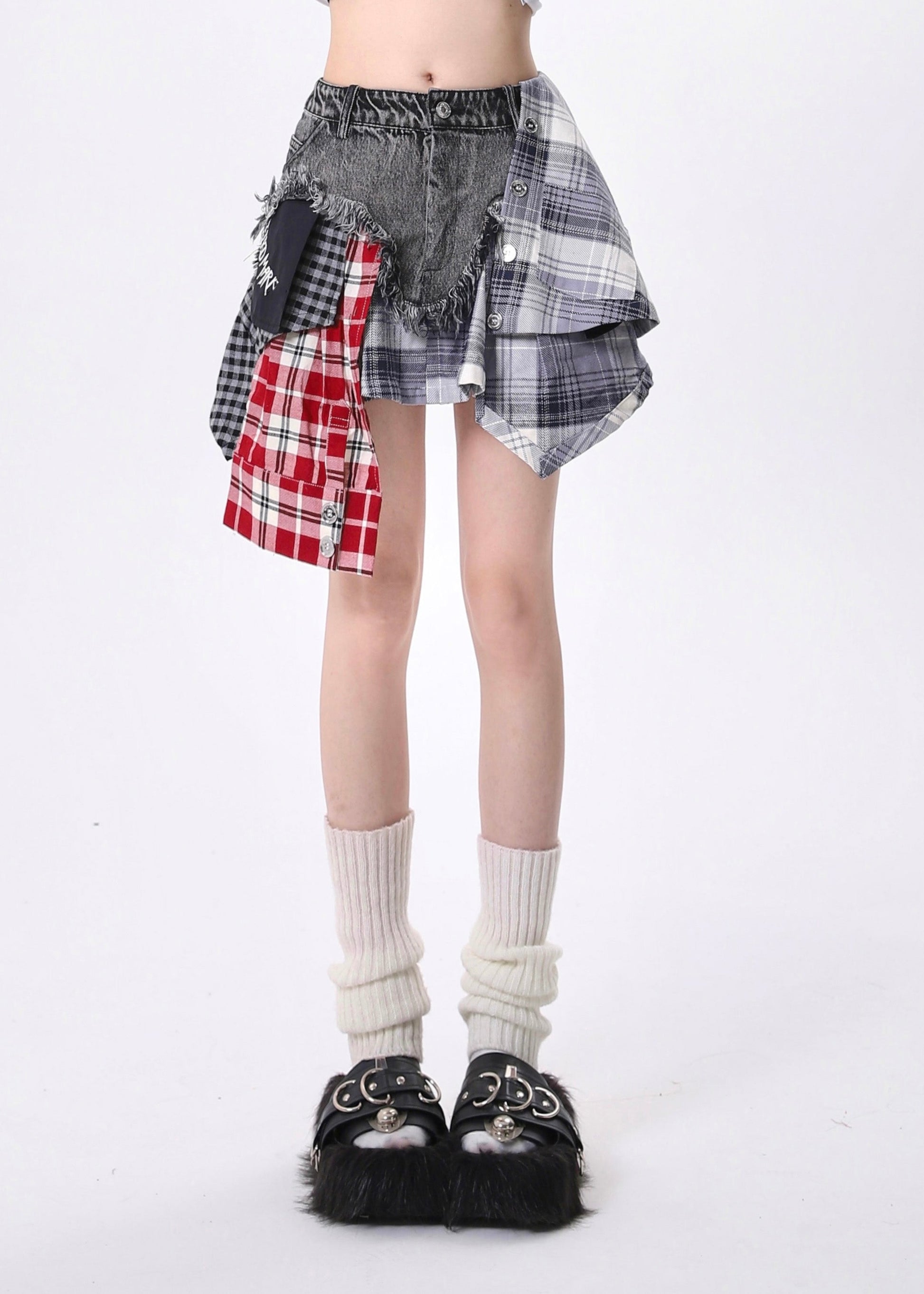 Jupe courte en jean patchwork asymétrique gris français pour l'été - TrendAura