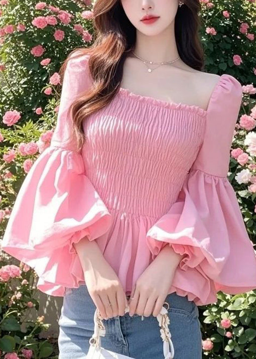 Chemises en mousseline de soie patchwork à volants et manches bouffantes à col carré rose français - TrendAura