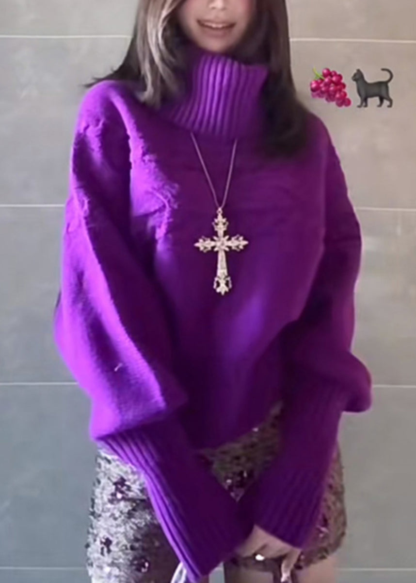 Pulls en maille épaisse violets à col montant pour le printemps - TrendAura
