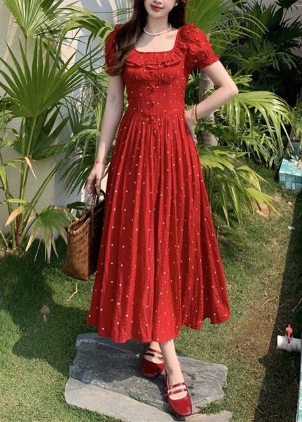 Robe d'été en coton à imprimé pois et volants, col carré rouge français - TrendAura