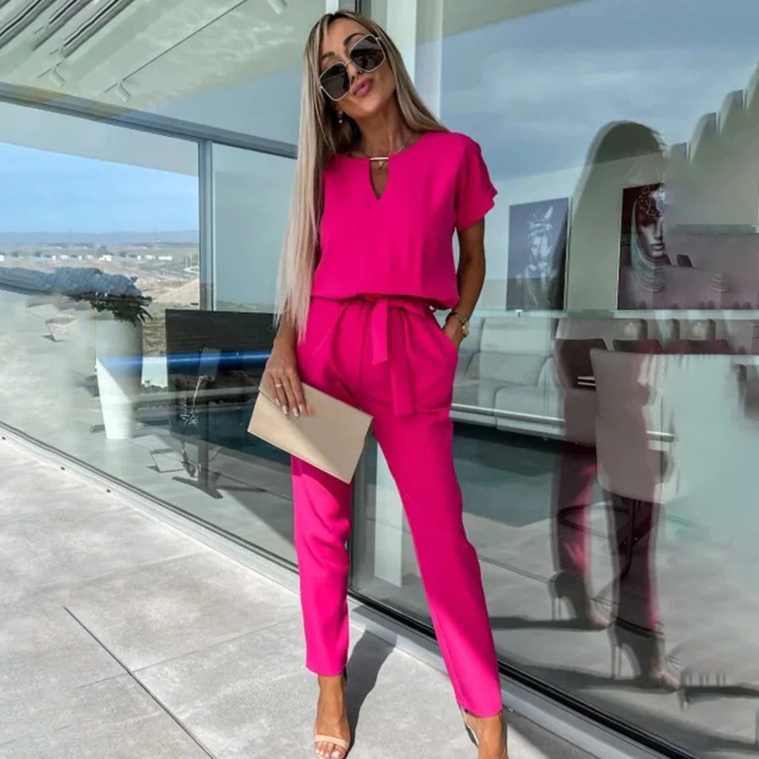 Women's Jumpsuit - Elegant Design - Short Sleeve - Elastic Waist - Comfortable Fit