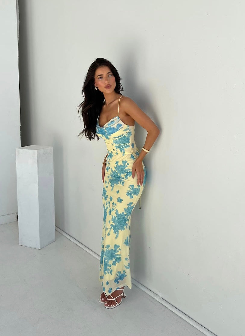 Women's Floral Maxi Dress with Flowing Skirt and Short Sleeves - TrendAura