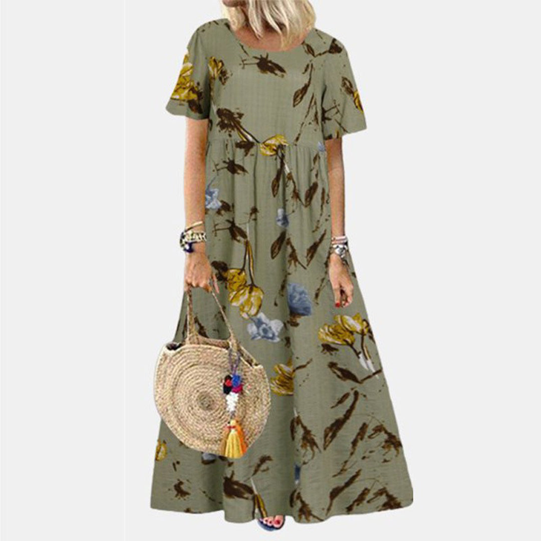 Women’s Maxi Dress – Loose Fit – Floral Print – Short Sleeve – Cotton Blend