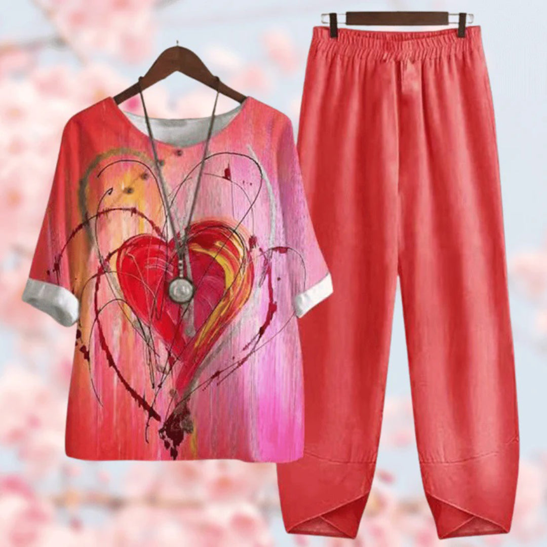 Women's Set - Floral Top with Button Detail - 3/4 Sleeves - Wide Pants with Elastic Waist