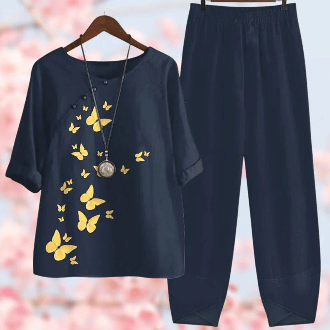 Women's Set - Floral Top with Button Detail - 3/4 Sleeves - Wide Pants with Elastic Waist