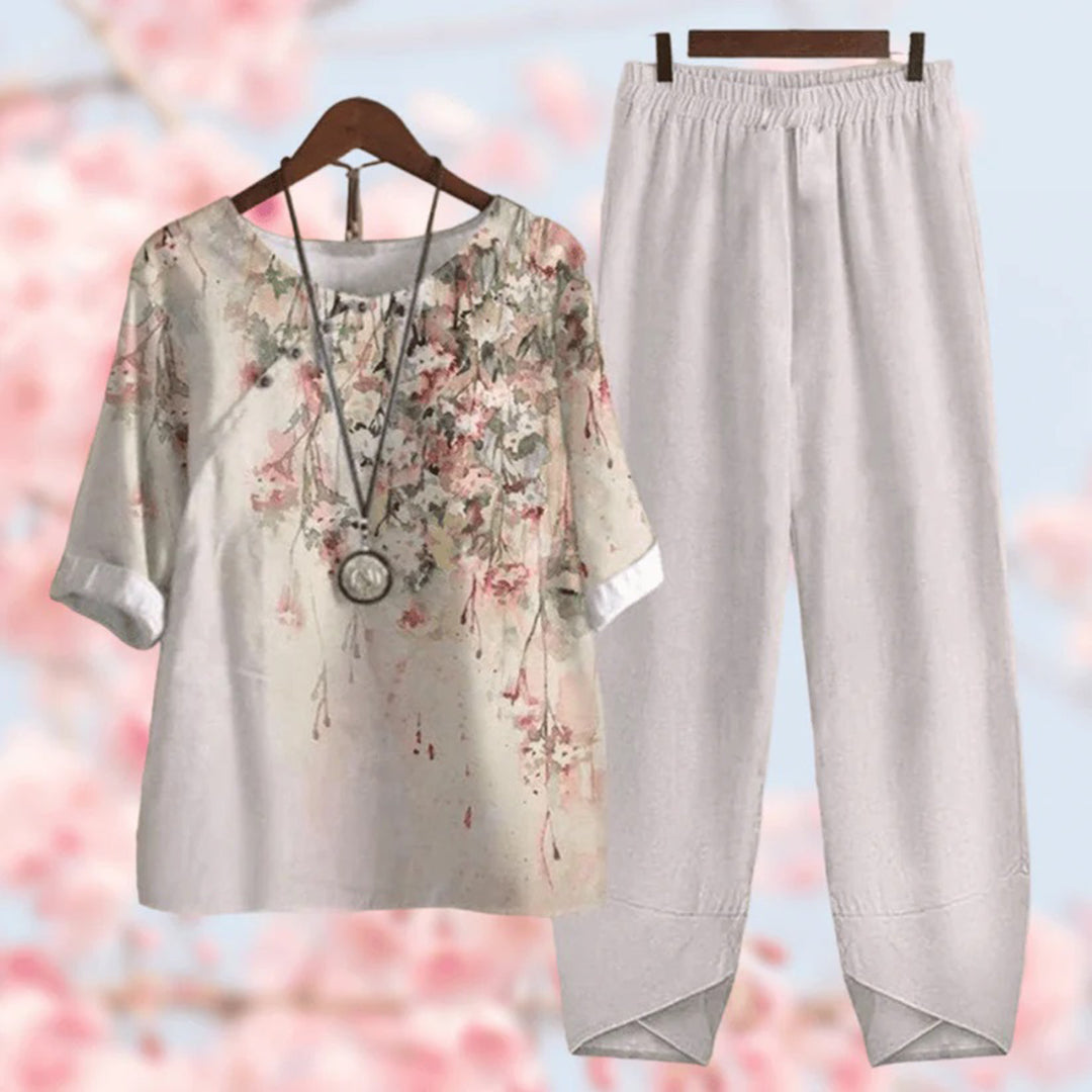 Women's Set - Floral Top with Button Detail - 3/4 Sleeves - Wide Pants with Elastic Waist