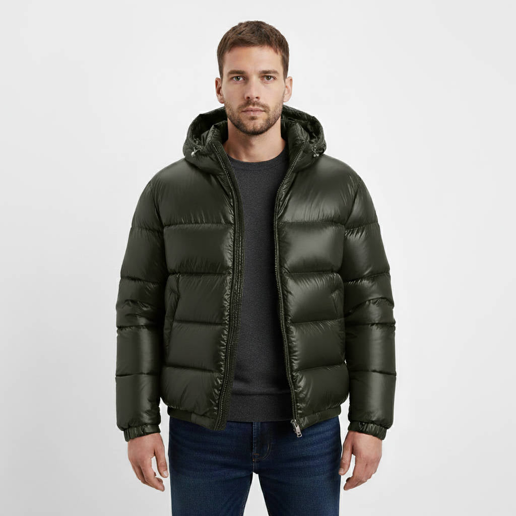 Mens Glossy Puffer Jacket With Hood Insulated Winter Coat For Men TrendAura Premium Lightweight