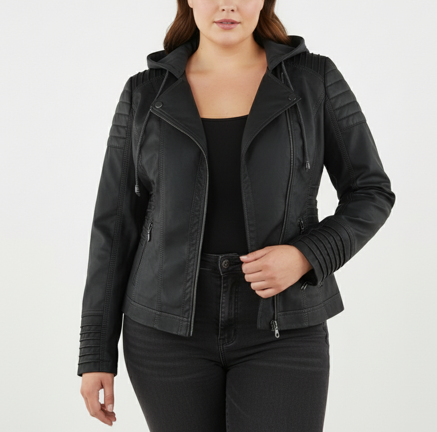Eloura-Moda | Women's Motorcycle Jacket Made of Eco-Leather with Hood, Plus Sizes