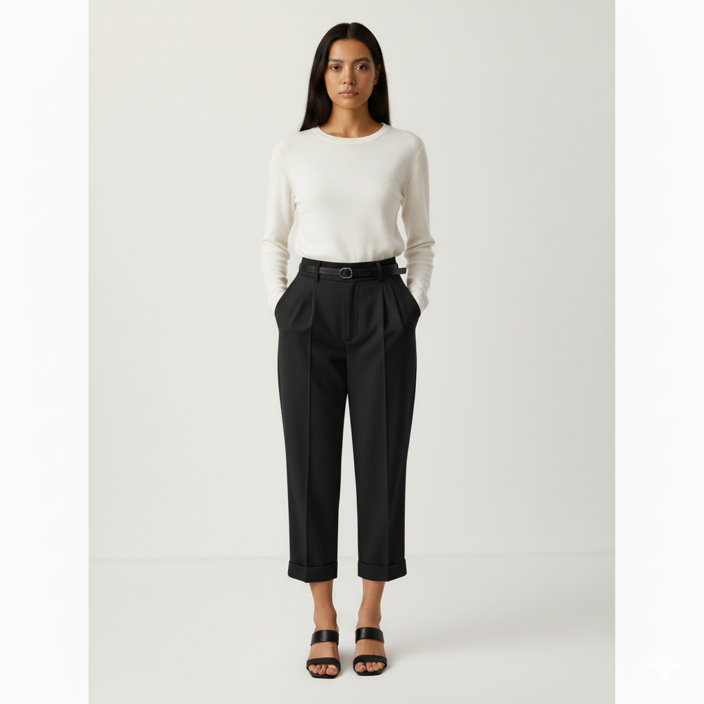 Women’s Tailored Trousers – High Waist – Straight-Leg Cropped Fit – Belted with Pleats