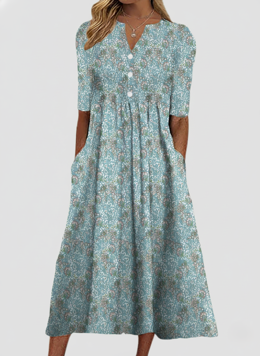 Dress for women – Midi – Loose fit – A-line cut – V-neck – Floral print