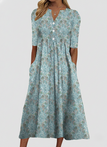 Dress for women – Midi – Loose fit – A-line cut – V-neck – Floral print