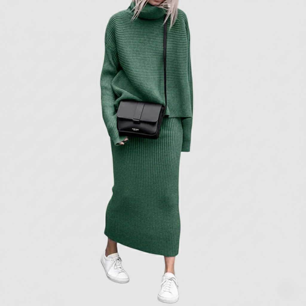 Women’s Two-Piece Sweater and Skirt Set – Ribbed Knit – Turtleneck Top – Slim Fit Midi Skirt