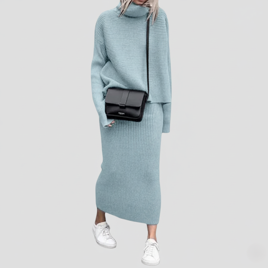 Women’s Two-Piece Sweater and Skirt Set – Ribbed Knit – Turtleneck Top – Slim Fit Midi Skirt