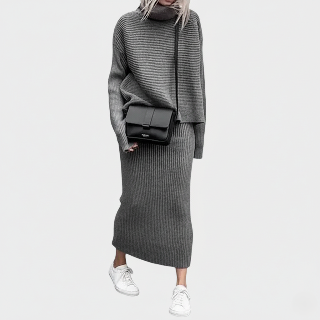 Women’s Two-Piece Sweater and Skirt Set – Ribbed Knit – Turtleneck Top – Slim Fit Midi Skirt