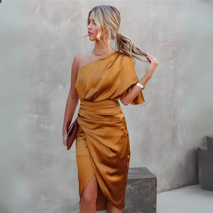 Georgina One-Shoulder Satin Midi Dress