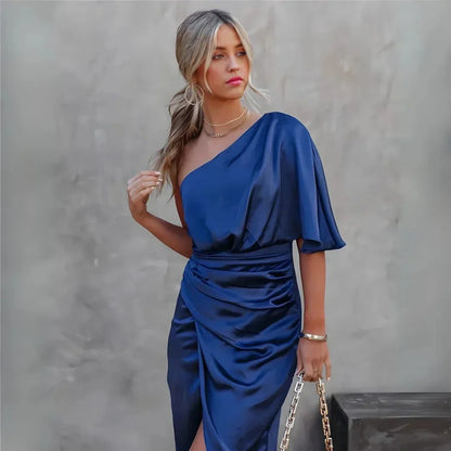 Georgina One-Shoulder Satin Midi Dress