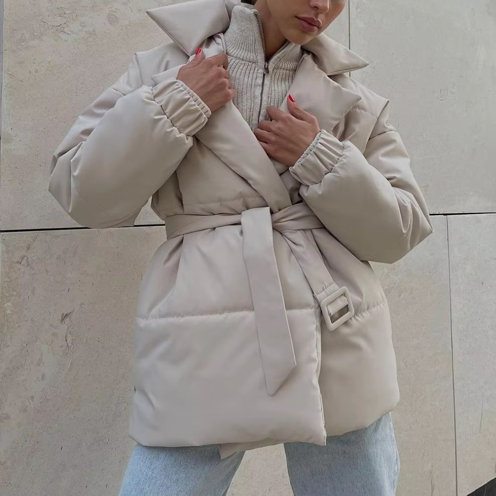 Padded Cotton Winter Jacket For Women With Adjustable Belt Cozy Loose Fit All Day Warmth