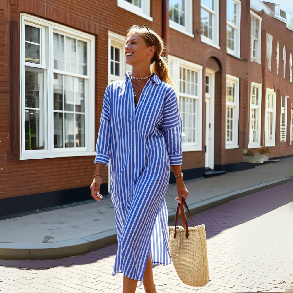 Striped shirt dress for women with button placket