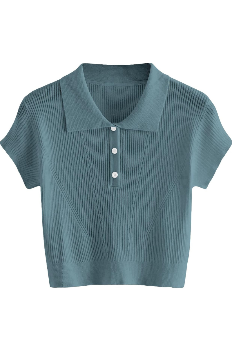 Womens Knitted Polo Shirt With Polo Collar And Button Placket Comfortable Ribbed Knit Versatile Everyday Style