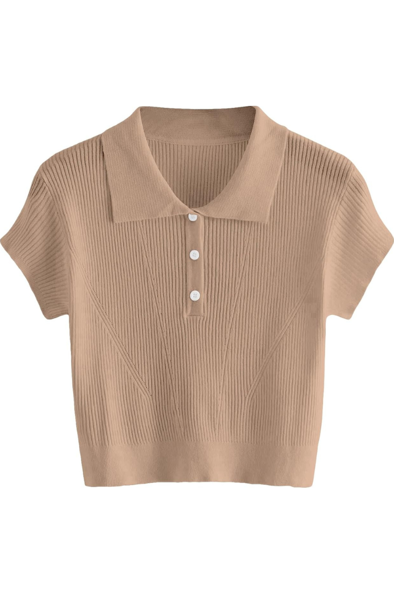 Womens Knitted Polo Shirt With Polo Collar And Button Placket Comfortable Ribbed Knit Versatile Everyday Style
