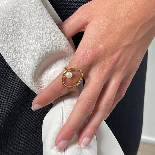 Women's Gold-Tone Open Circle Ring with Pearl Accent - TrendAura
