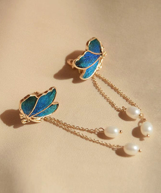 Boucles d'oreilles pendantes papillon à pampilles en perles et cuivre bleu dégradé - TrendAura
