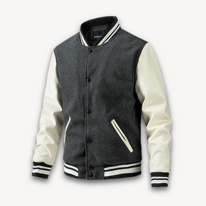 Men's Varsity Jacket Classic Fit With Wool Look Body And Leather Look Sleeves Snap Button Closure