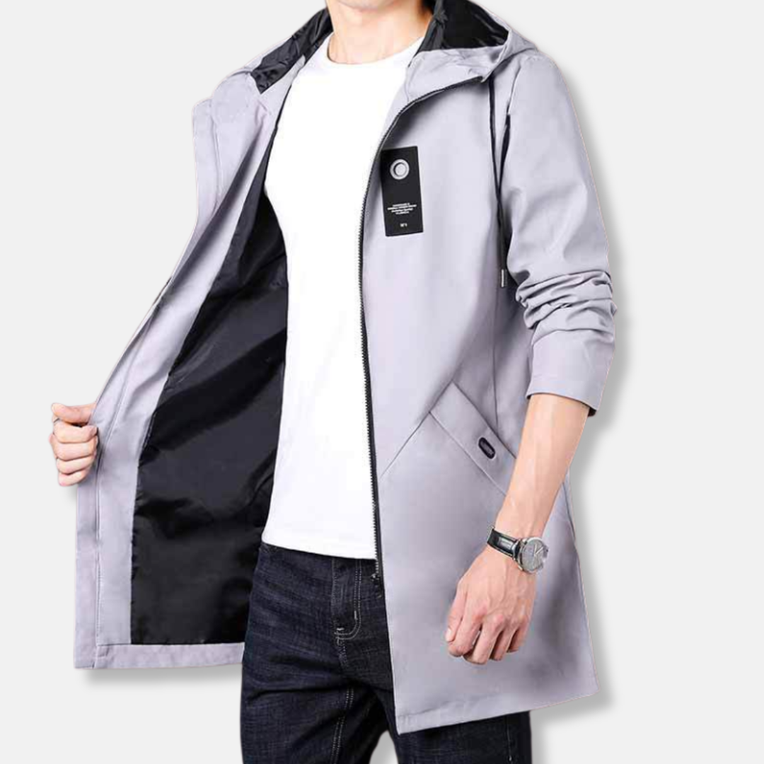 Men's Hooded Coat With Zipper Closure In Woven Fabric For Smart Casual Style Mid Thigh Length