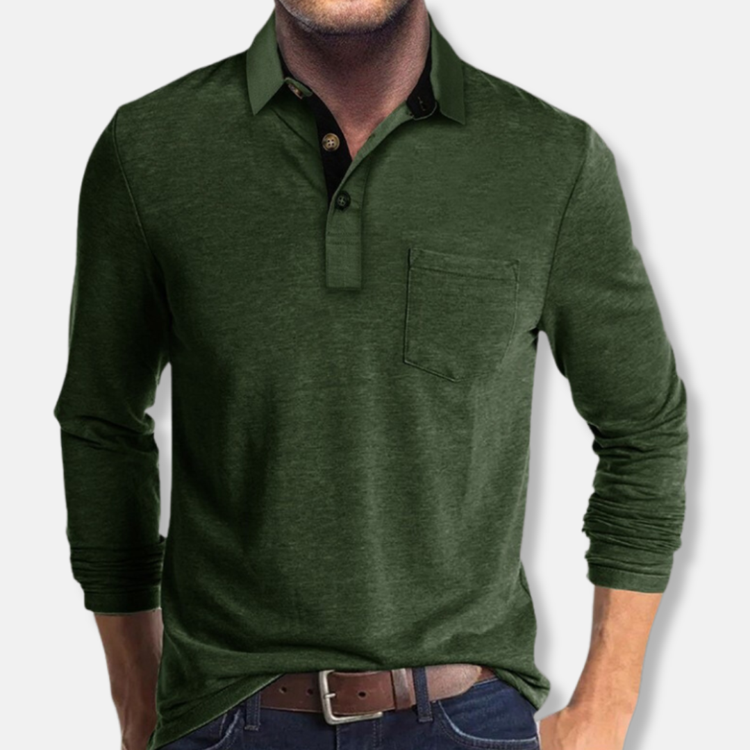 Men's Cotton Blend Long Sleeve Polo Shirt Regular Fit With Contrast Collar For Smart Casual Wear