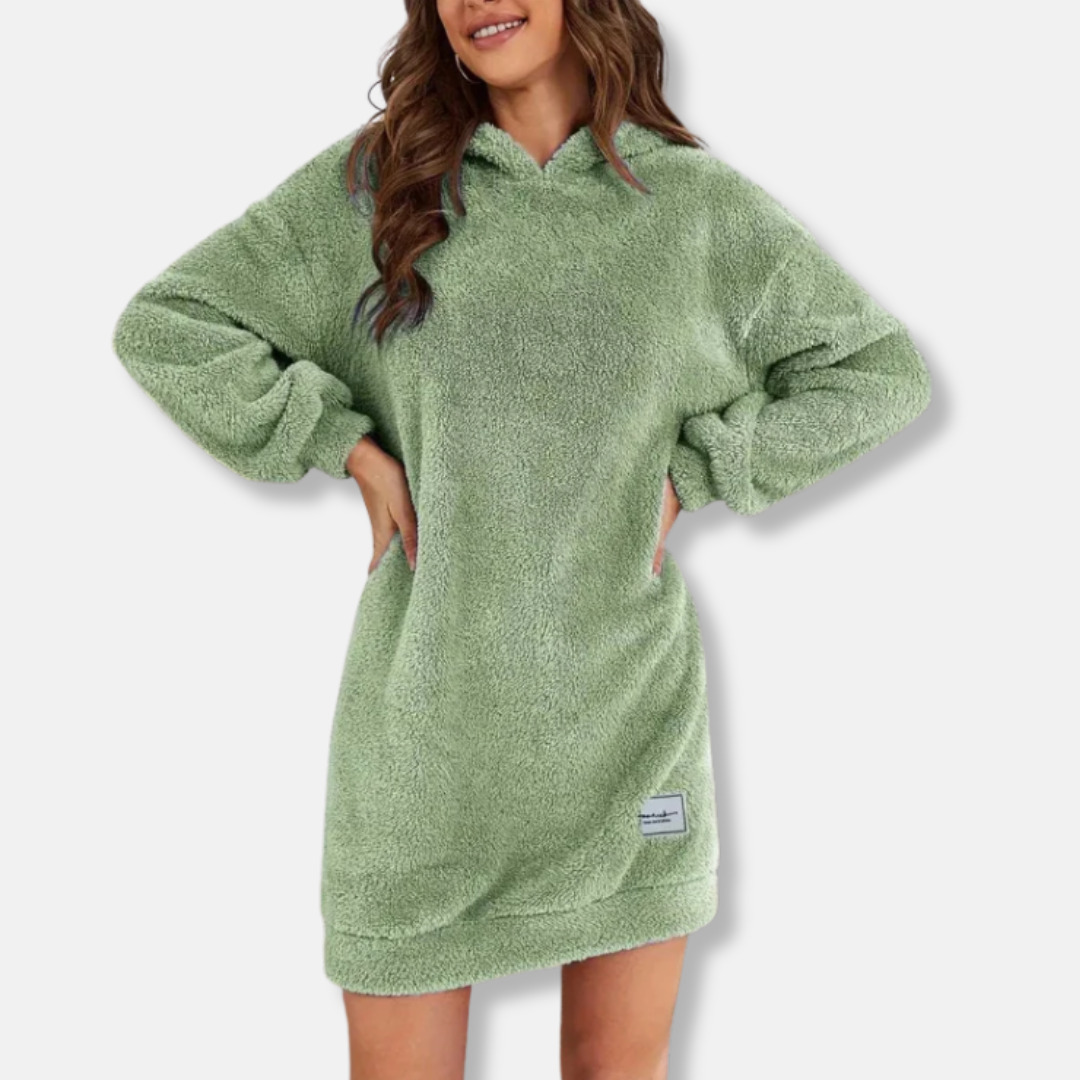 Women’s Hoodie Dress – Fleece Texture – Oversized Fit – Long Sleeve Mini Lounge Wear