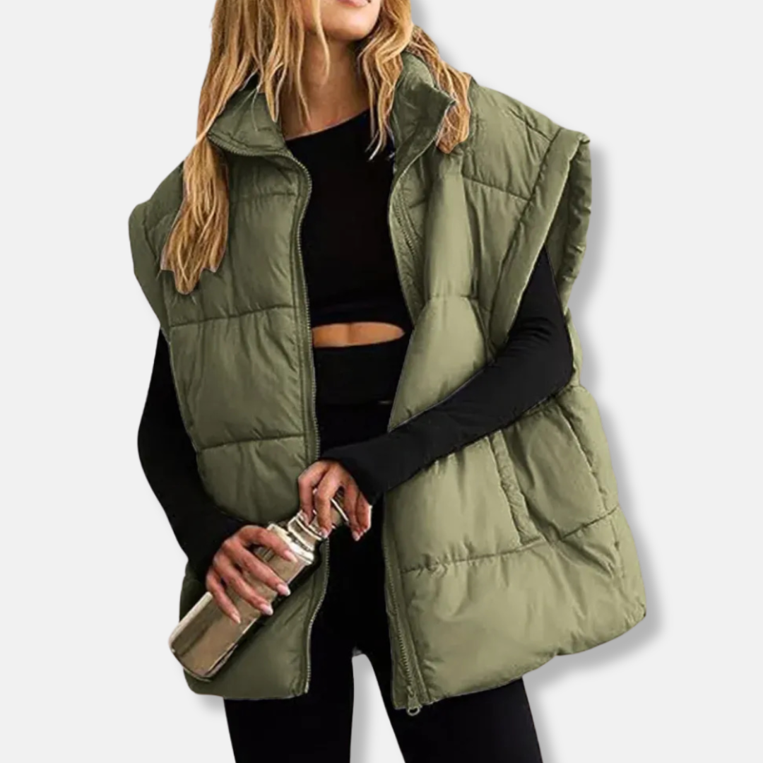 Women’s Puffer Vest - Quilted Fabric - Stand Collar - Hip Length