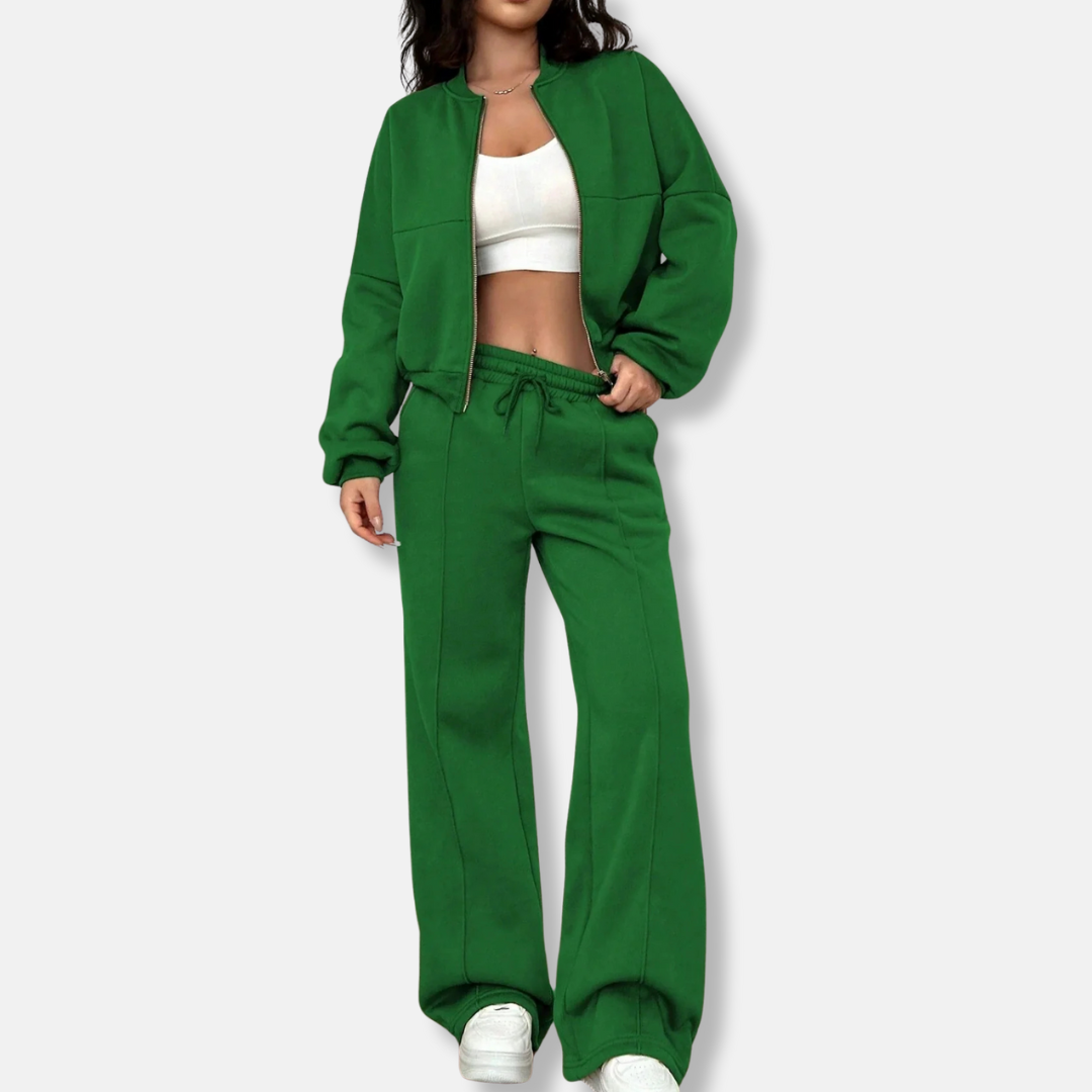 Women’s Two-Piece Loungewear Set – Relaxed Bomber Jacket – High-Waisted Wide-Leg Pants
