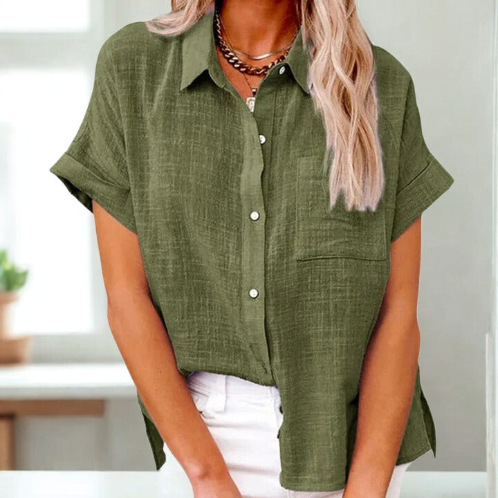 Button-up linen shirt for women with patch pocket