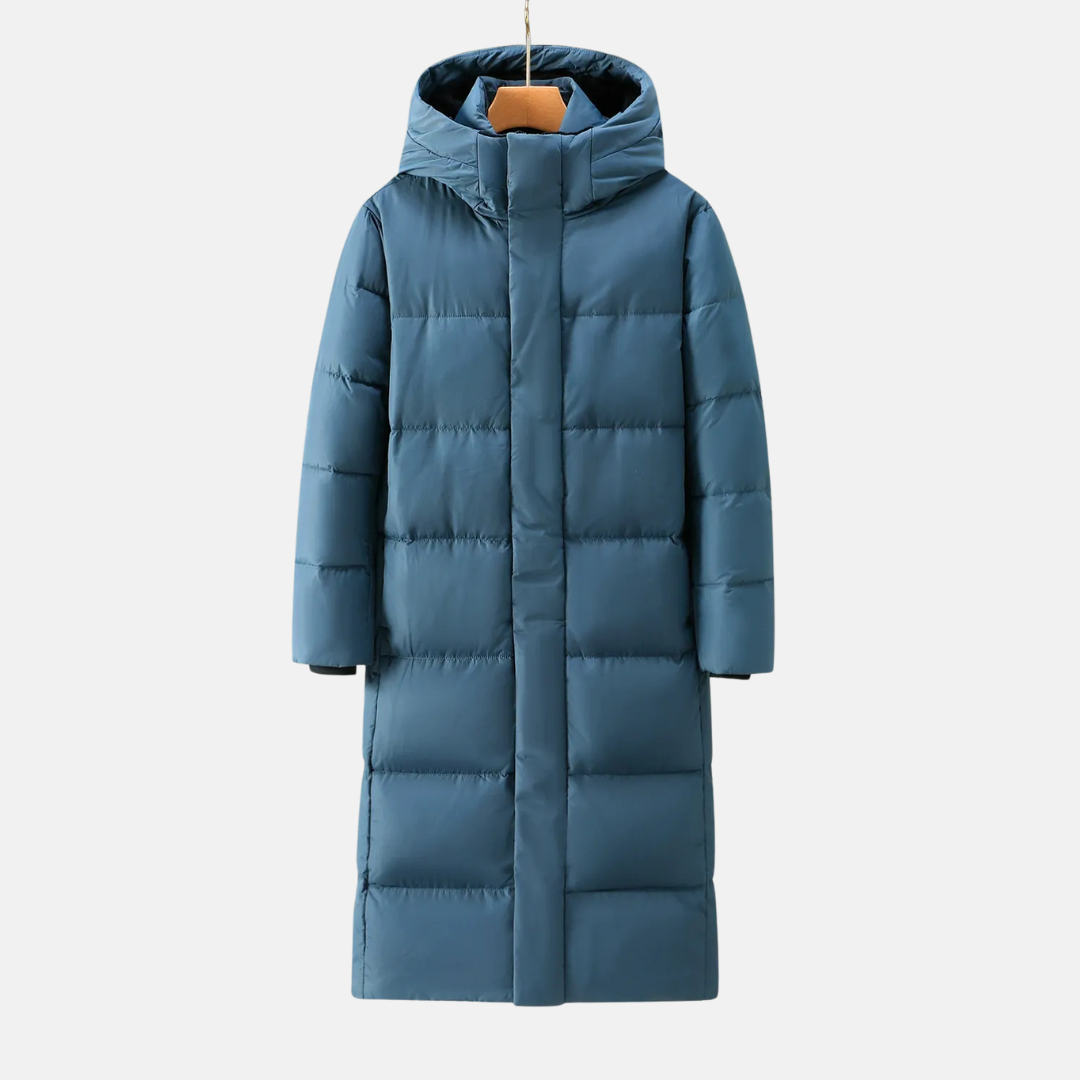 TrendAura Men's Full-Length Hooded Quilted Coat in Nylon Blend for Winter Warmth and Style