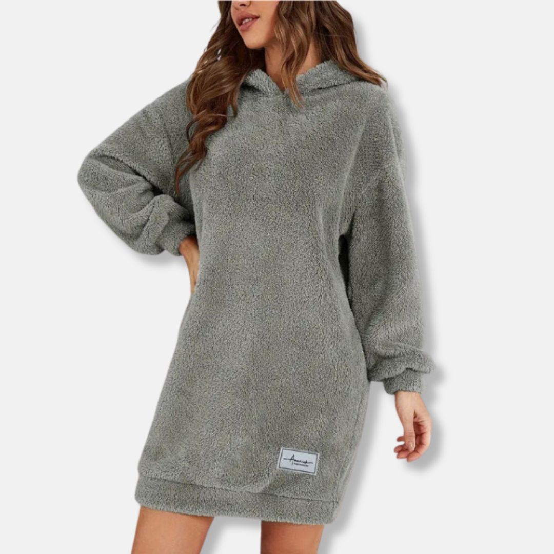 Women’s Hoodie Dress – Fleece Texture – Oversized Fit – Long Sleeve Mini Lounge Wear