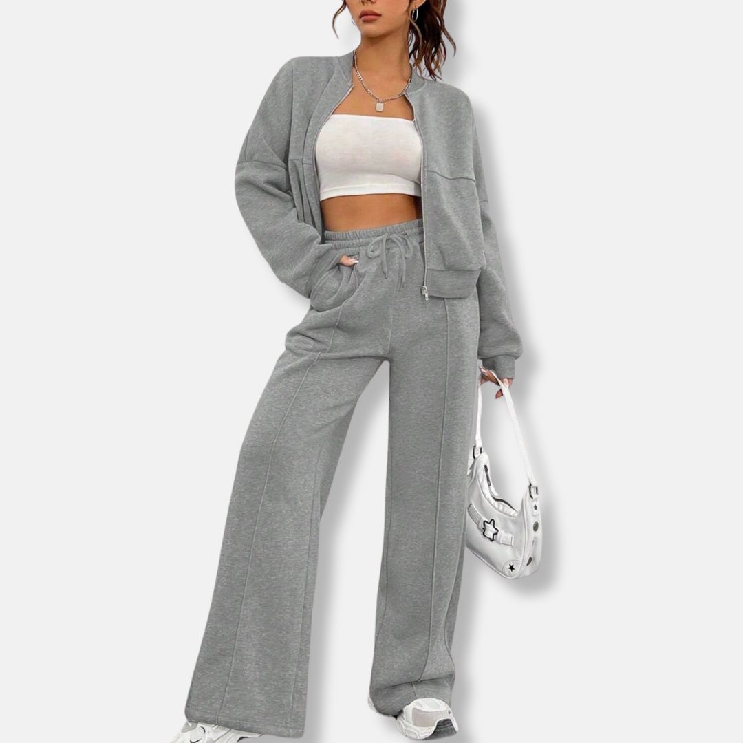 Women’s Two-Piece Loungewear Set – Relaxed Bomber Jacket – High-Waisted Wide-Leg Pants