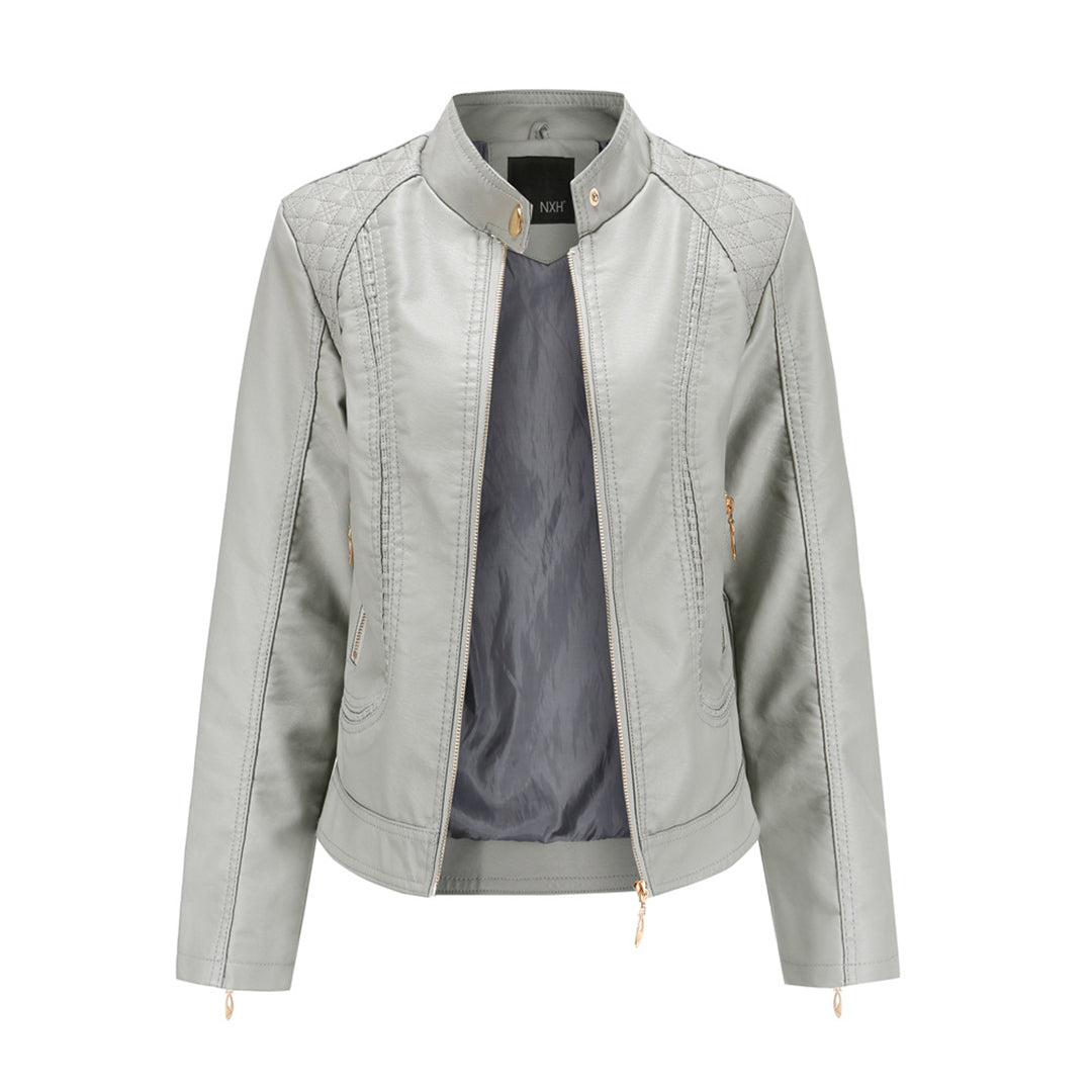 Women's high collar leather jacket