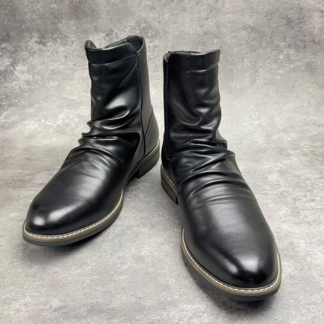 Griffin Ruched Leather Boots for Men With Side Zip Cushioned Insole and Low Heel Black