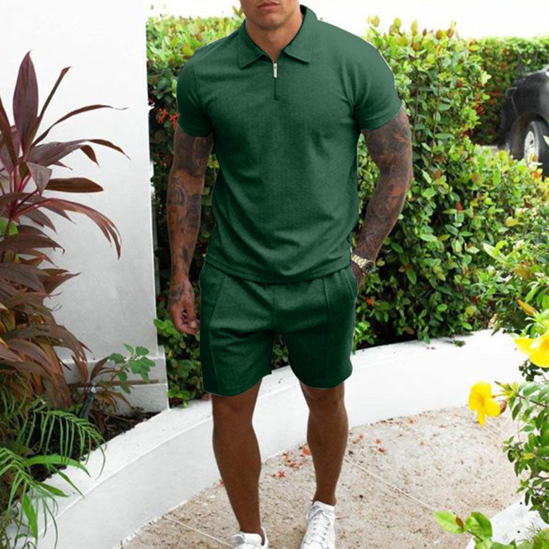 Men's Beige Polo Shirt and Shorts Set Regular Fit Zip Collar Casual Summer Outfit