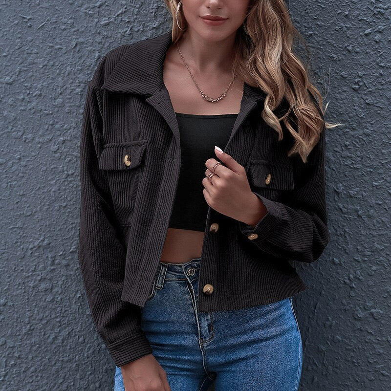 Women's Corduroy Jacket - Short Cropped Fit - Button Closure - Chest Pockets - Stylish & Casual