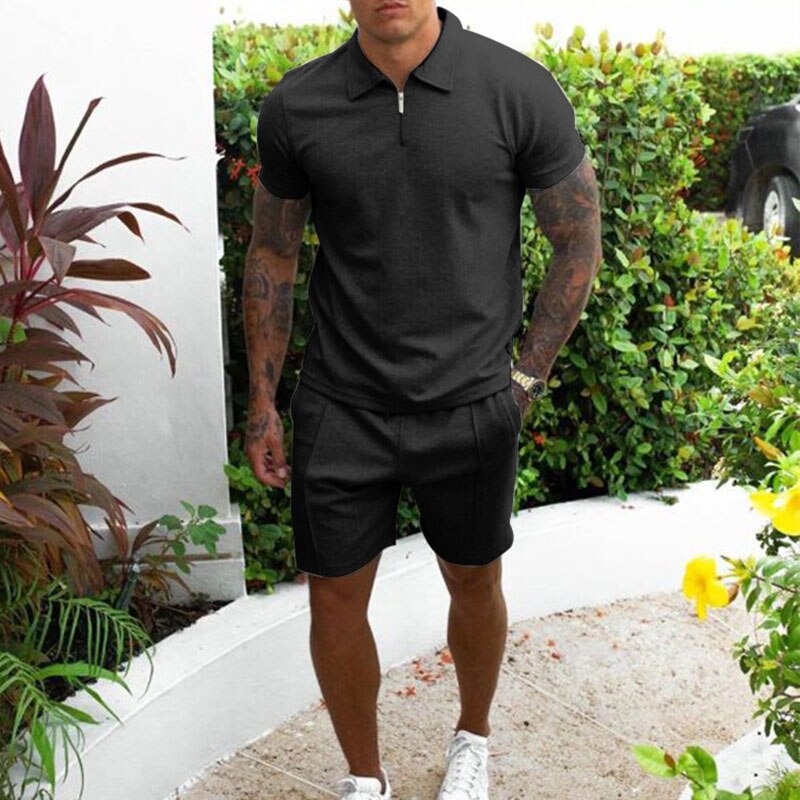 Men's Beige Polo Shirt and Shorts Set Regular Fit Zip Collar Casual Summer Outfit