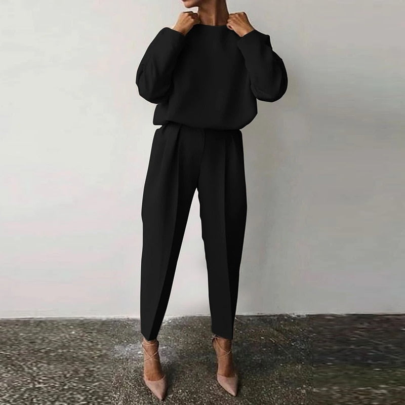 Women’s Two-Piece Suit Set – Relaxed Fit Top with Balloon Sleeves – High-Waisted Tapered Pants