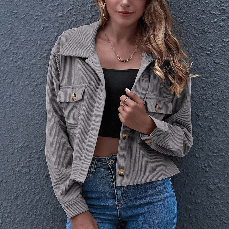 Women's Corduroy Jacket - Short Cropped Fit - Button Closure - Chest Pockets - Stylish & Casual