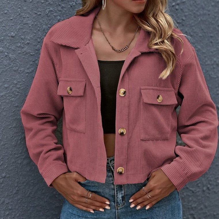 Women's Corduroy Jacket - Short Cropped Fit - Button Closure - Chest Pockets - Stylish & Casual