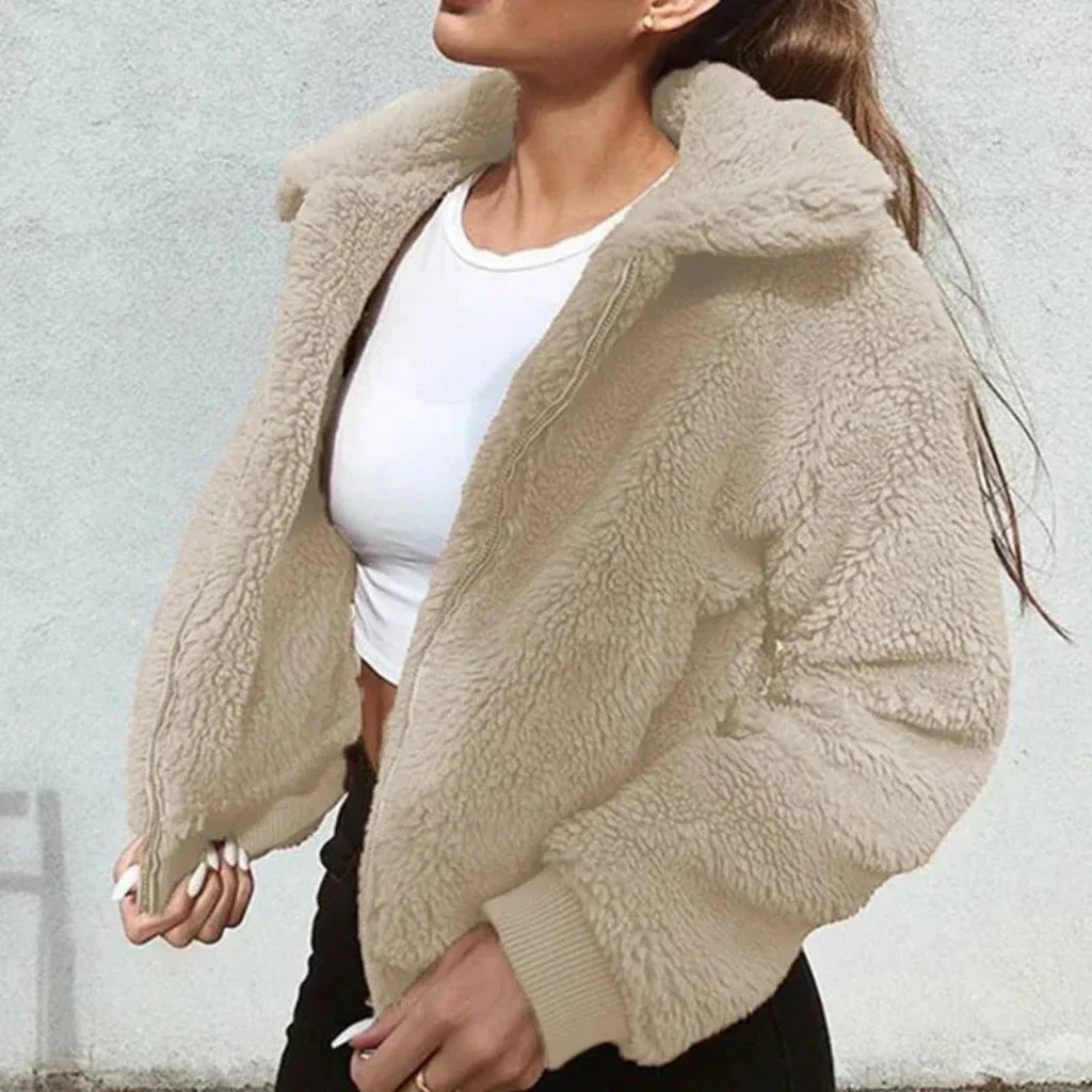 Women’s Coat – Oversized Fit – Plush Fleece – Zipper Front – High Collar – Casual Wear