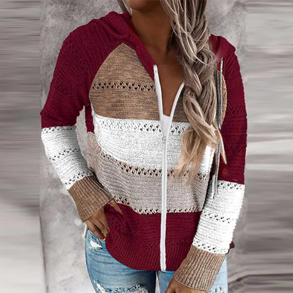 Women’s Pullover Top – Relaxed Fit – Cotton Knit – V-Neck Hoodie – Textured Pattern