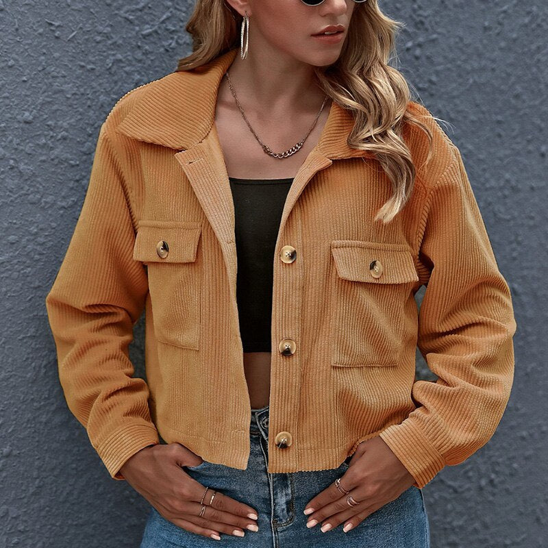 Women's Corduroy Jacket - Short Cropped Fit - Button Closure - Chest Pockets - Stylish & Casual