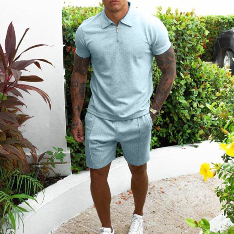 Men's Beige Polo Shirt and Shorts Set Regular Fit Zip Collar Casual Summer Outfit